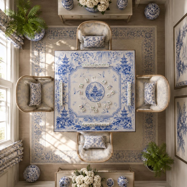 Blue Pagoda Garden Mahjong Mat, Chinoiserie Crane Lotus Game Mat, Custom Monogram Mahjong Mat