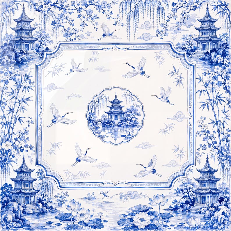 Blue Pagoda Garden Mahjong Mat, Chinoiserie Crane Lotus Game Mat, Custom Monogram Mahjong Mat