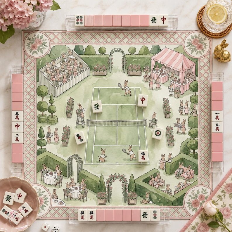 The Bunny Tennis Club Mahjong Mat, Garden Party Game Mat, Custom Monogram Mahjong Mat
