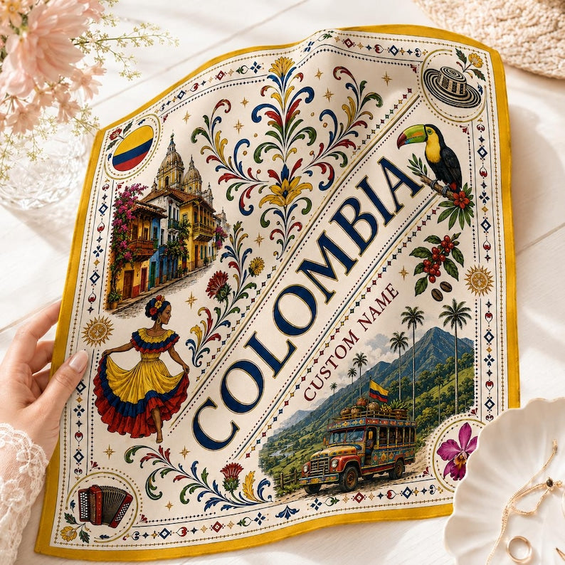 Custom Colombia Satin Scarf, Personalized Colombia Bandana, Colombia Flag Head Scarf