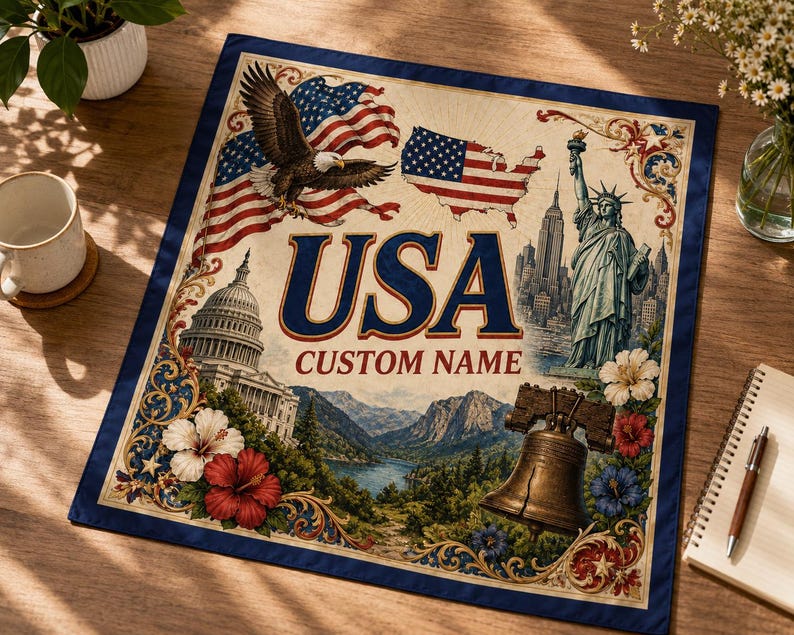 Custom USA 250th Anniversary Satin Scarf, Personalized Name Patriotic Bandana