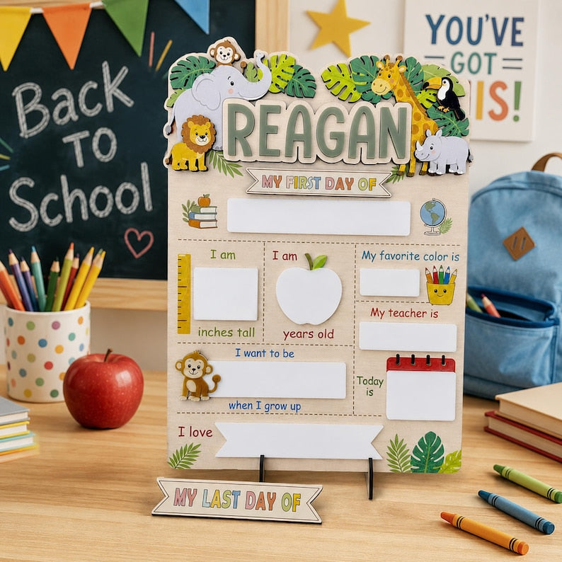 Personalized Safari School Sign, First Day of School Sign, Preschool Back to School Board Kid