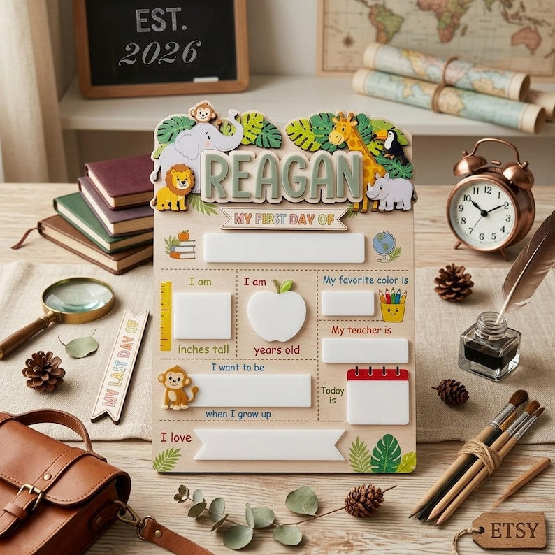 Personalized Safari School Sign, First Day of School Sign, Preschool Back to School Board Kid