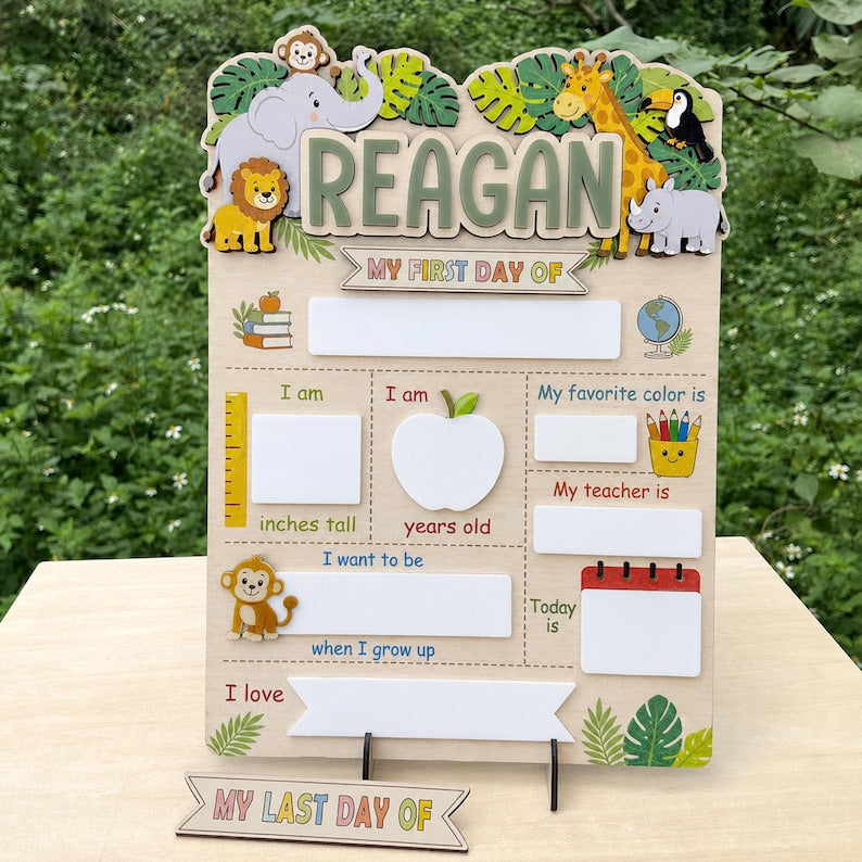 Personalized Safari School Sign, First Day of School Sign, Preschool Back to School Board Kid