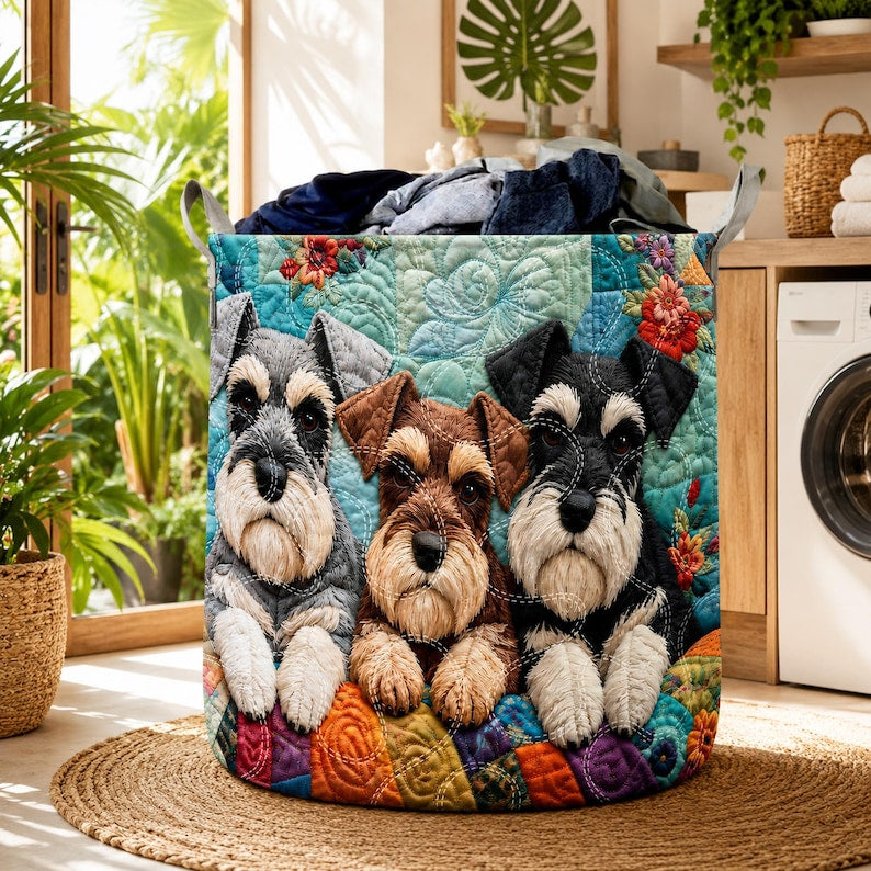 Schnauzer Dog Quilted Laundry Basket, Cute Dog Lover Hamper, Colorful Puppy Laundry Bin, Pet Lover Storage Basket