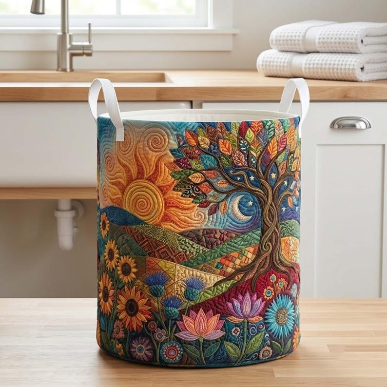 Tree of Life Quilted Laundry Basket, Mystical Nature Fabric Hamper, Spiritual Storage Bin