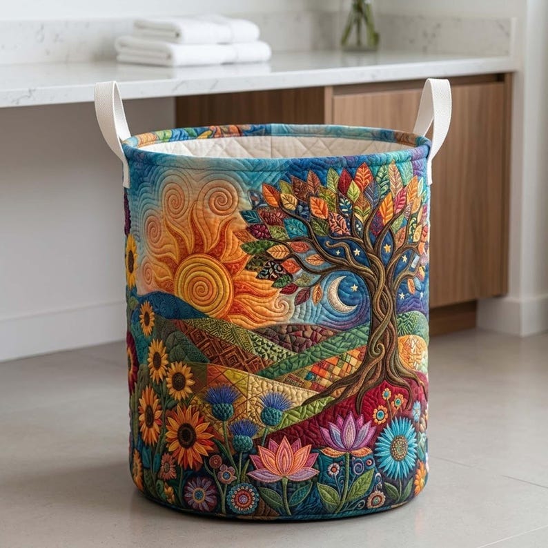 Tree of Life Quilted Laundry Basket, Mystical Nature Fabric Hamper, Spiritual Storage Bin