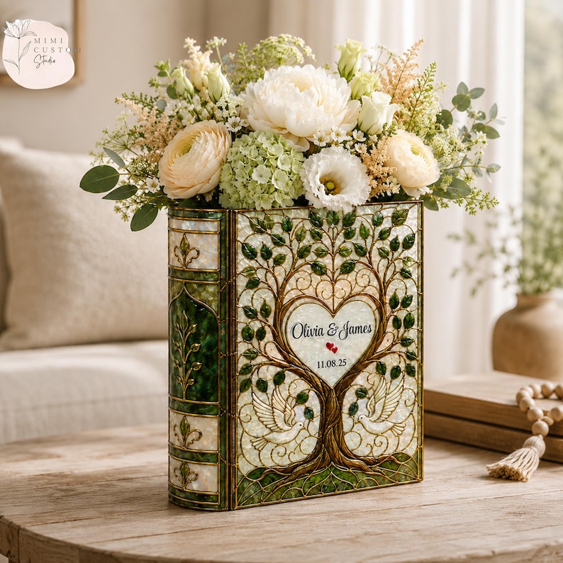 Personalized Stained Glass Wedding Tree Book Vase, Custom Couple Vase
