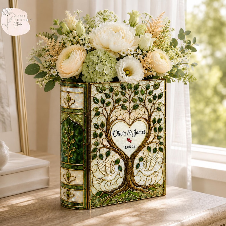 Personalized Stained Glass Wedding Tree Book Vase, Custom Couple Vase