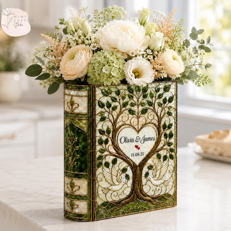 Personalized Stained Glass Wedding Tree Book Vase, Custom Couple Vase
