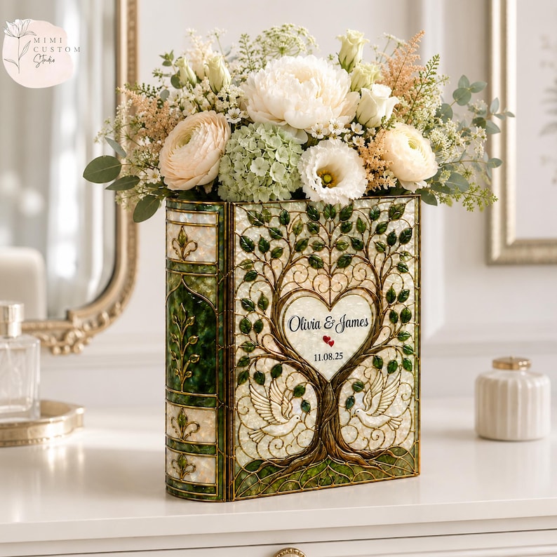 Personalized Stained Glass Wedding Tree Book Vase, Custom Couple Vase