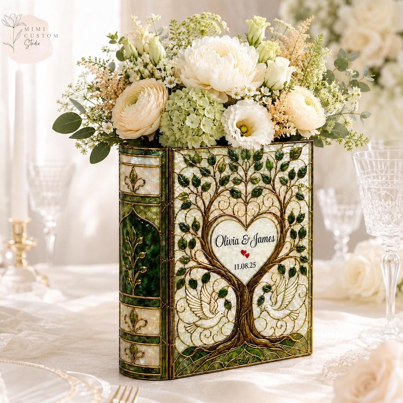 Personalized Stained Glass Wedding Tree Book Vase, Custom Couple Vase