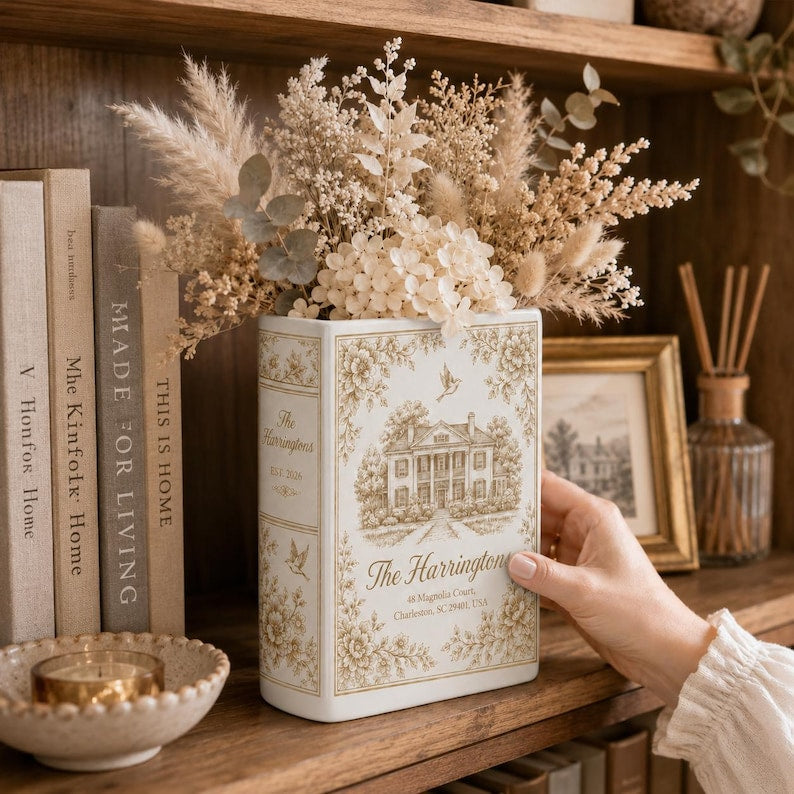 Custom Wedding Venue Photo Toile Illustrated Venue Decor, Personalized Ceramic Book Vase