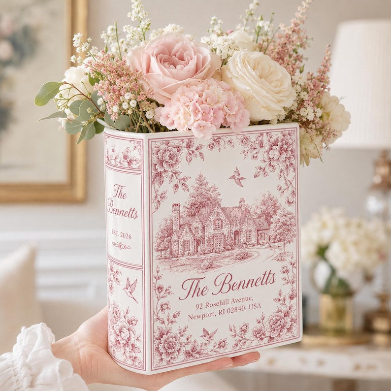 Custom Wedding Venue Photo Toile Illustrated Venue Decor, Personalized Ceramic Book Vase