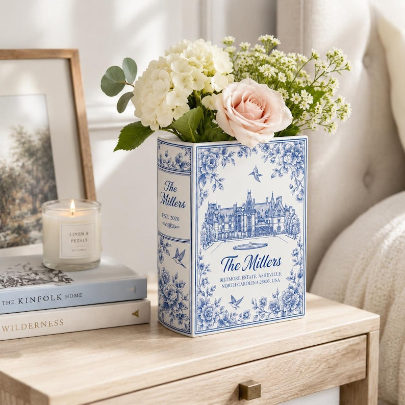 Custom Wedding Venue Photo Toile Illustrated Venue Decor, Personalized Ceramic Book Vase