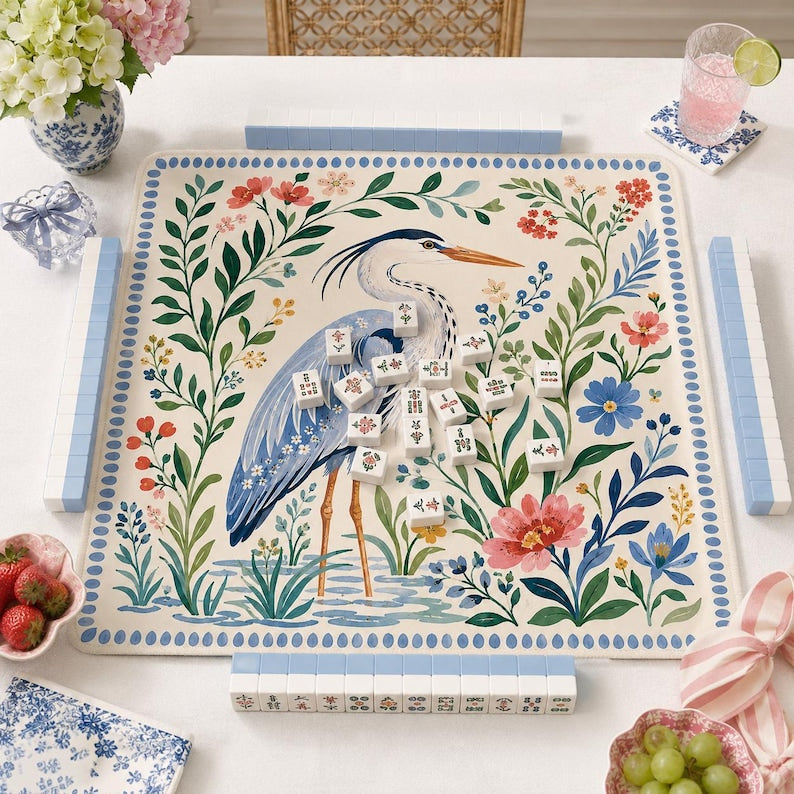 Watercolor Floral Summer Light Blue Heron Mahjong Mat
