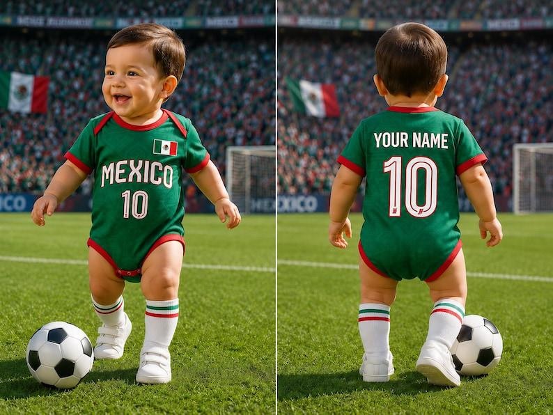 Personalized Mexico Baby Bodysuit, Custom Name Newborn Sports Jersey Onesie