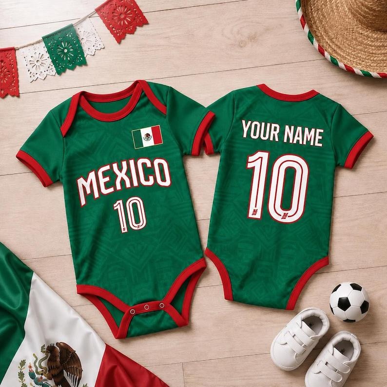 Personalized Mexico Baby Bodysuit, Custom Name Newborn Sports Jersey Onesie