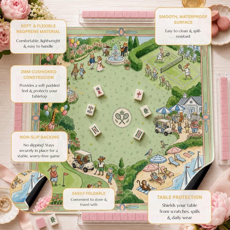 The Country Club Garden Mahjong Mat, Whimsical Animal Tennis Golf Mahjong Mat, Custom Monogram Gift