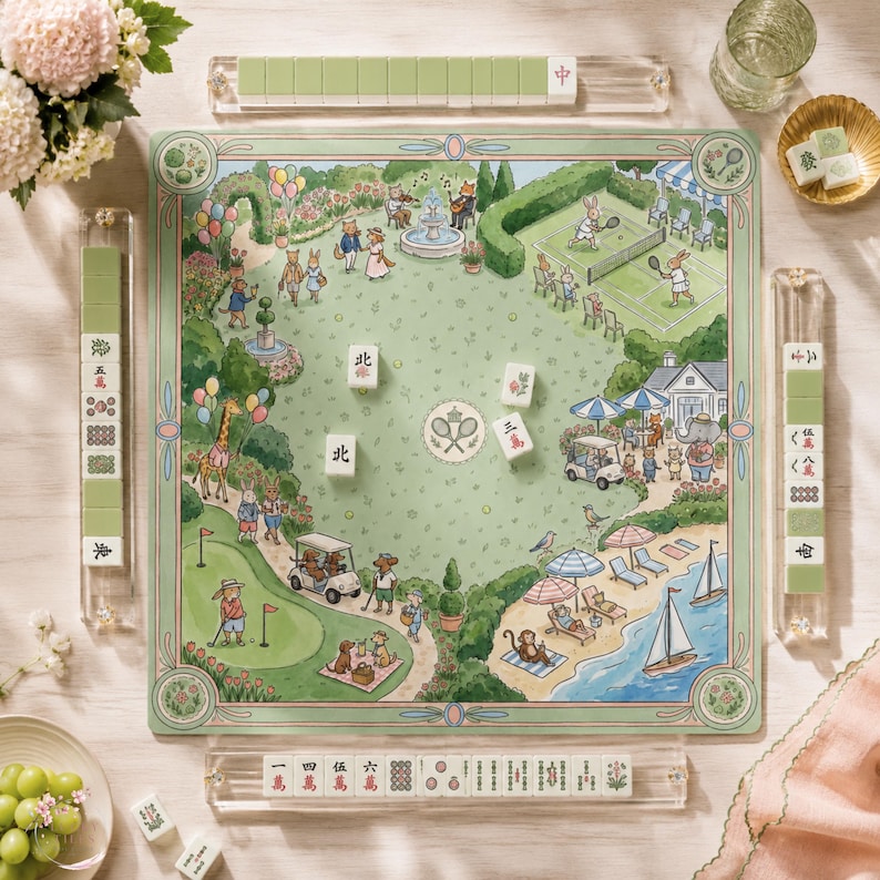 The Country Club Garden Mahjong Mat, Whimsical Animal Tennis Golf Mahjong Mat, Custom Monogram Gift