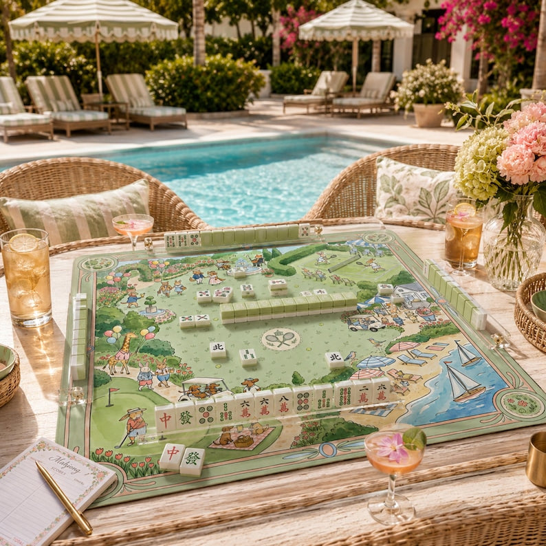 The Country Club Garden Mahjong Mat, Whimsical Animal Tennis Golf Mahjong Mat, Custom Monogram Gift