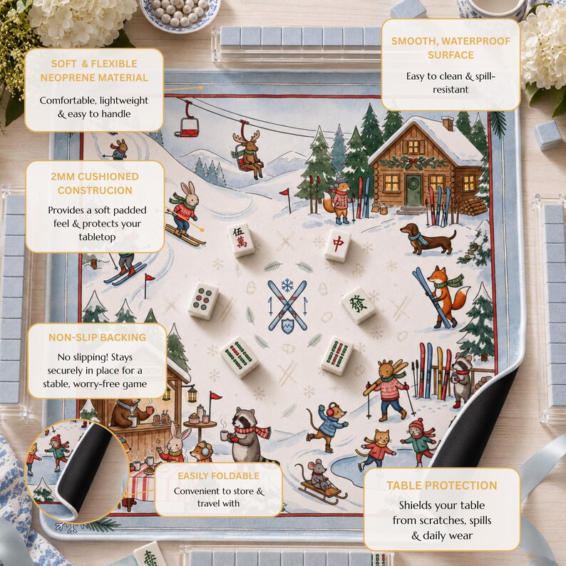 The Alpine Ski Club Mahjong Mat, Winter Wonderland Animal Game Mat, Custom Monogram Mahjong Gift, Ski Lodge Decor