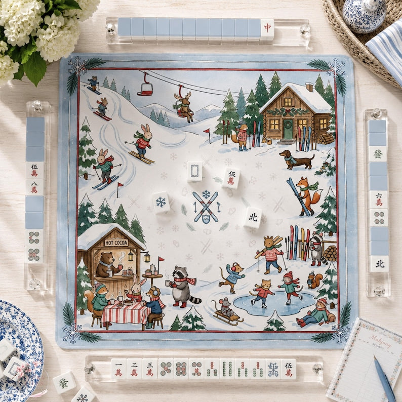 The Alpine Ski Club Mahjong Mat, Winter Wonderland Animal Game Mat, Custom Monogram Mahjong Gift, Ski Lodge Decor