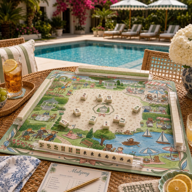 The Palm Beach Country Club Mahjong Mat, Tennis & Golf Animal Mahjong Mat, Coastal Resort Game Mat