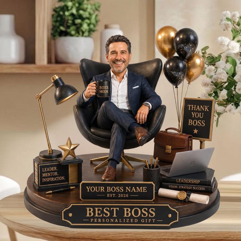 Personalized Boss 2D Flat Wooden Plaque, Custom Photo Figurine Gift, Best Boss Desk Decor