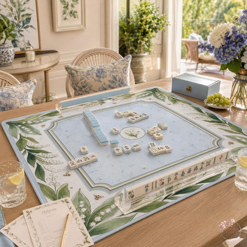 The Lily of the Valley Mahjong Mat, Bee & Botanical Floral Mahjong Mat, Custom Monogram Game Mat
