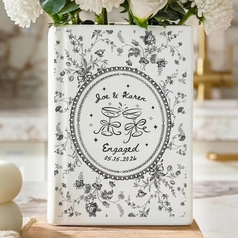 Personalized Engagement Toile De Jouy Ceramic Book Vase, Custom Couple Name Book Vase