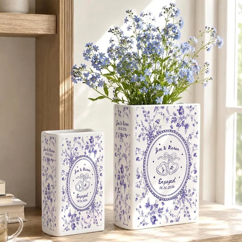 Personalized Engagement Toile De Jouy Ceramic Book Vase, Custom Couple Name Book Vase