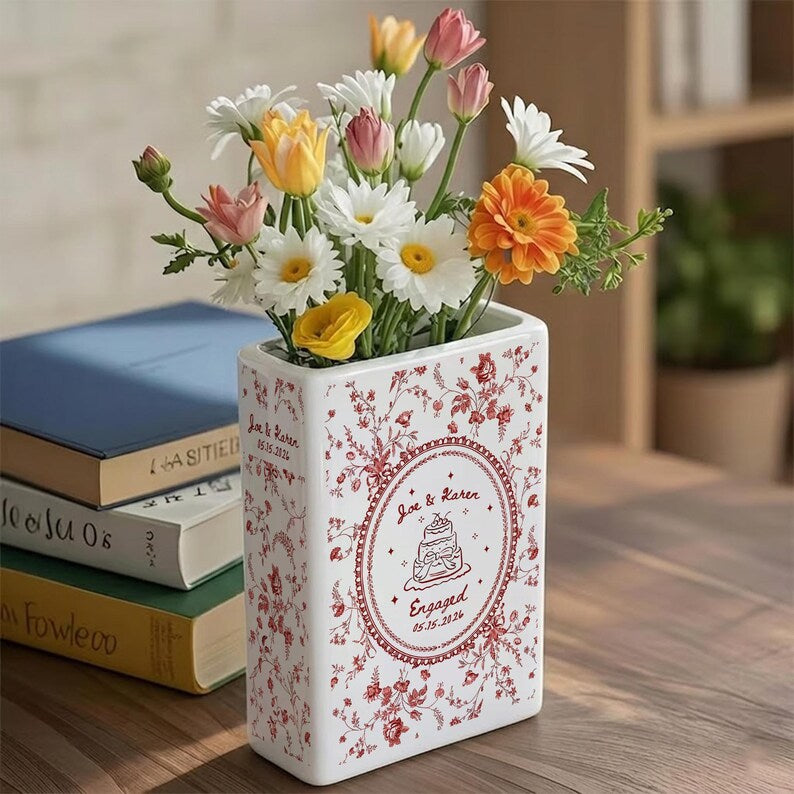 Personalized Engagement Toile De Jouy Ceramic Book Vase, Custom Couple Name Book Vase