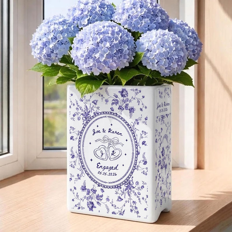 Personalized Engagement Toile De Jouy Ceramic Book Vase, Custom Couple Name Book Vase