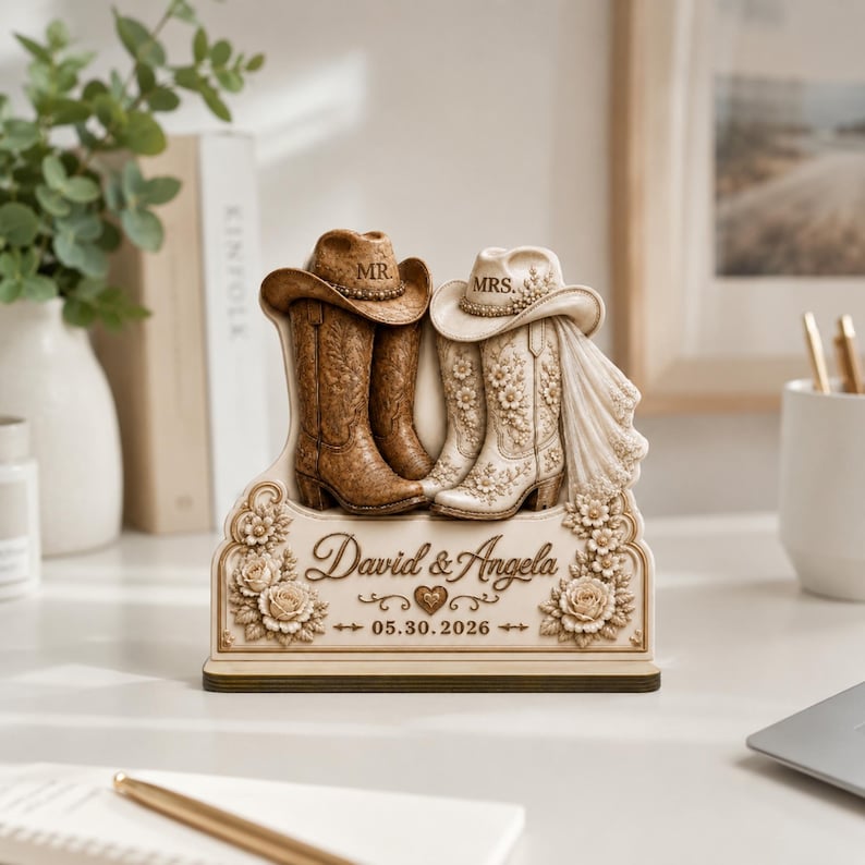Custom Names and Date Bridal Boots Plaque, Mr and Mrs Western Wedding Wooden Plaque