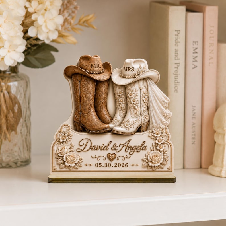 Custom Names and Date Bridal Boots Plaque, Mr and Mrs Western Wedding Wooden Plaque