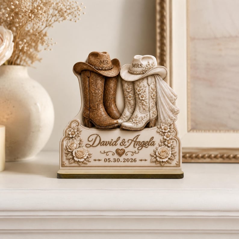 Custom Names and Date Bridal Boots Plaque, Mr and Mrs Western Wedding Wooden Plaque
