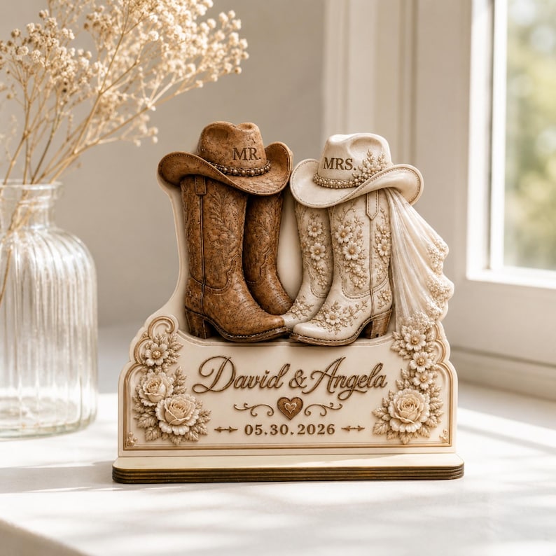 Custom Names and Date Bridal Boots Plaque, Mr and Mrs Western Wedding Wooden Plaque