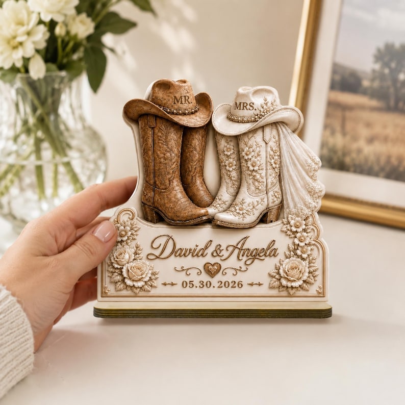 Custom Names and Date Bridal Boots Plaque, Mr and Mrs Western Wedding Wooden Plaque