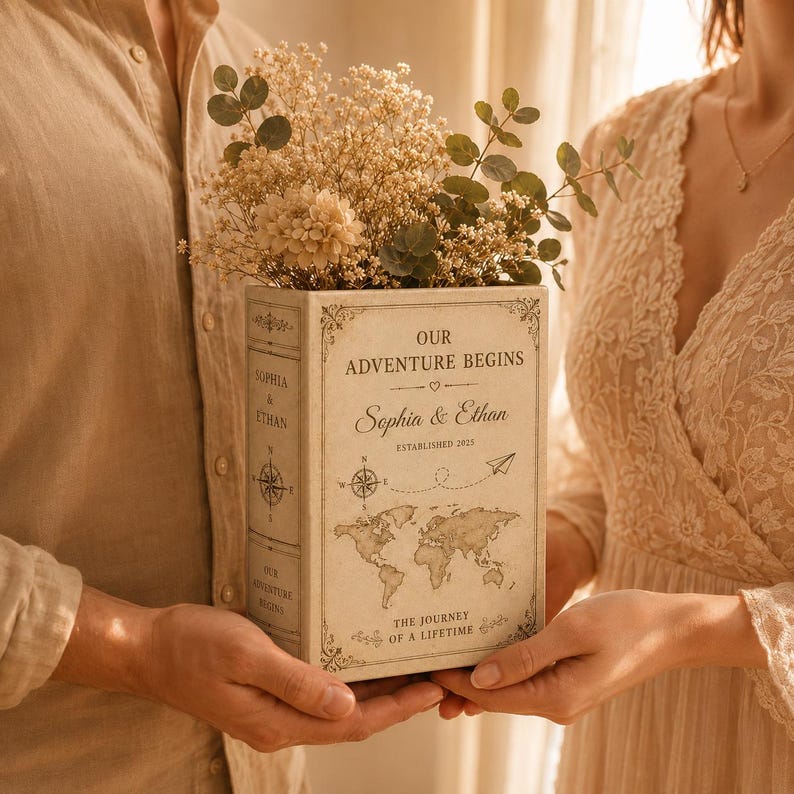 Custom Wedding Gifts Ceramic Book Vase, Personalised Wedding Gift for Couple, Floral Book Shaped Vase