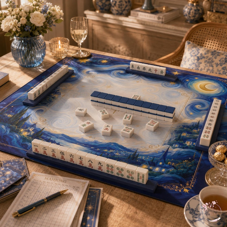 Celestial Starry Night Mahjong Mat, American Mahjong Mat, Moon and Stars Mahjong Gift, Cosmic Game Table Mat