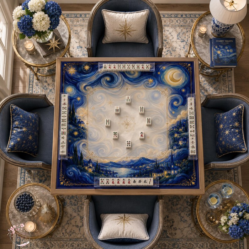 Celestial Starry Night Mahjong Mat, American Mahjong Mat, Moon and Stars Mahjong Gift, Cosmic Game Table Mat