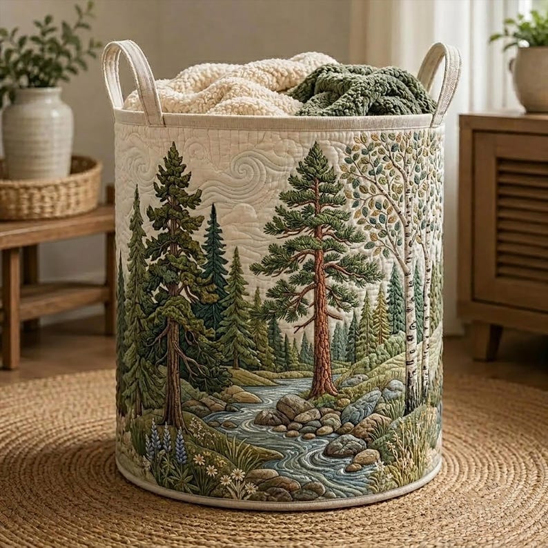 Into Woodland Quilted Laundry Basket, Autumn Forest Large Foldable Storage Bin