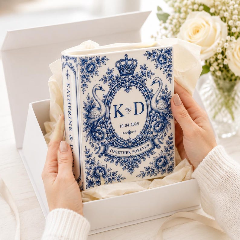 Custom Toile De Jouy Ceramic Book Vase, Personalised Wedding Gift for Couple