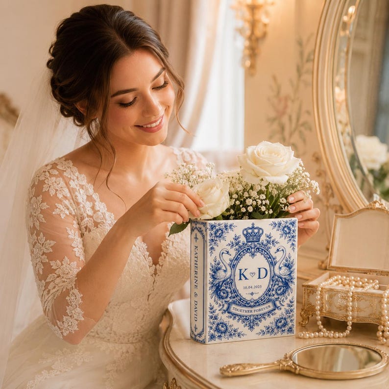 Custom Toile De Jouy Ceramic Book Vase, Personalised Wedding Gift for Couple