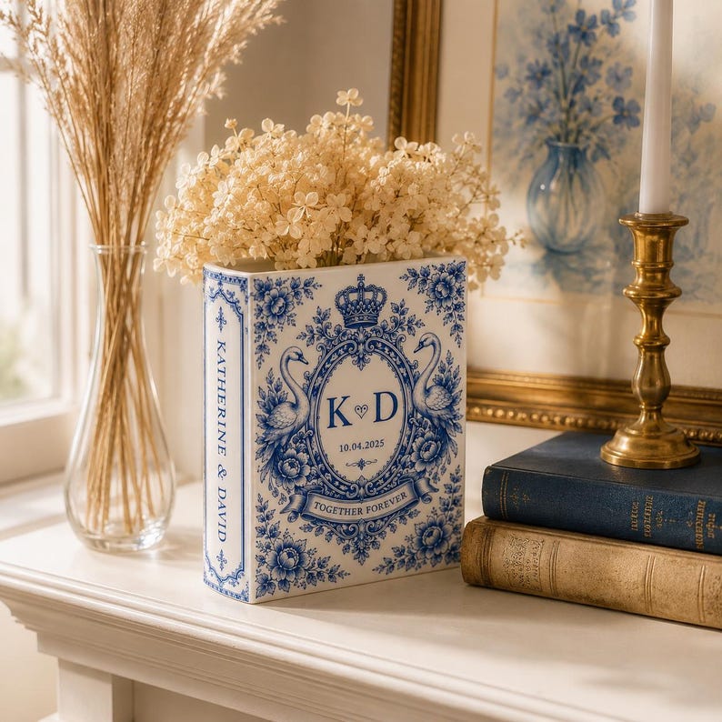 Custom Toile De Jouy Ceramic Book Vase, Personalised Wedding Gift for Couple