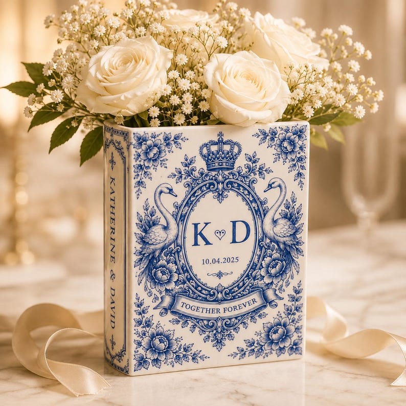 Custom Toile De Jouy Ceramic Book Vase, Personalised Wedding Gift for Couple