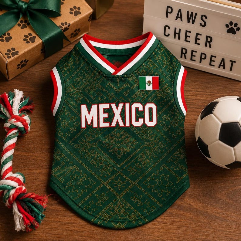 Personalized Mexico Pet Soccer Jersey, Custom Dog Cat Football Shirt, Name Number Puppy Sportswear