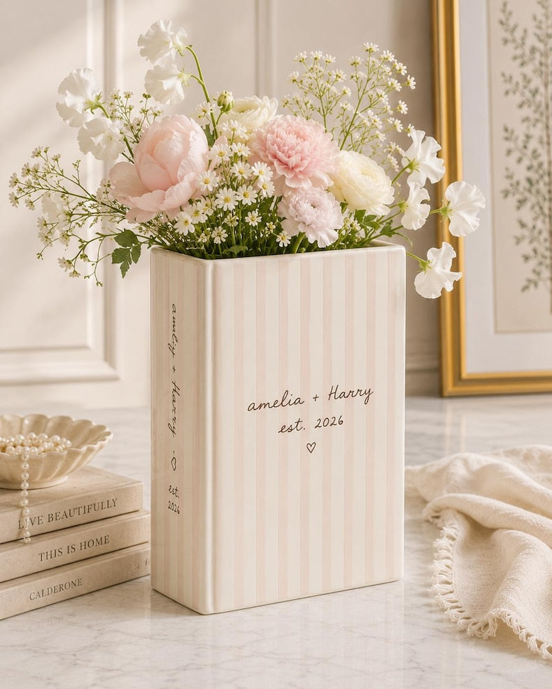 Custom Book Vase, Personalized Wedding Gift, Pink Stripe Vase, Custom Name Ceramic Vase