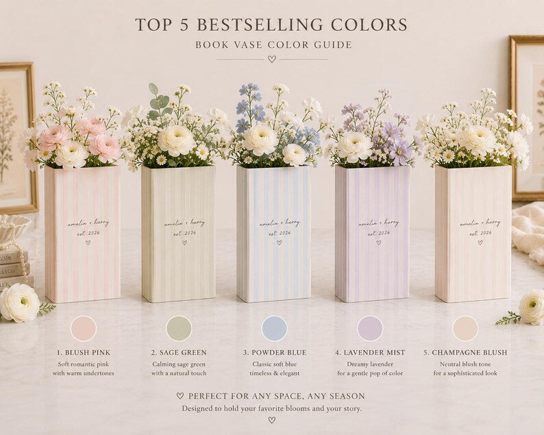 Custom Book Vase, Personalized Wedding Gift, Pink Stripe Vase, Custom Name Ceramic Vase